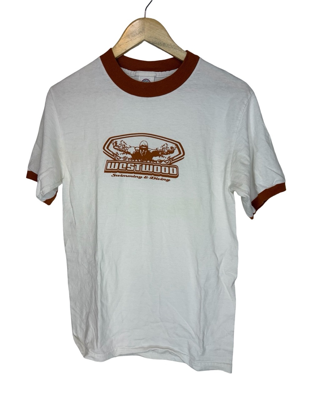 VINTAGE WESTWOOD White Ringer Tee with BURNT ORANGE Accent - Men's Casual Shirt